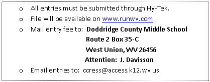 Text Box: o	All entries must be submitted through Hy-Tek.
o	File will be available on www.runwv.com
o	Mail entry fee to:  Doddridge County Middle School
                   Route 2 Box 35-C
                   West Union, WV 26456
	    Attention:  J. Davisson
o	Email entries to:  ccress@access.k12.wv.us

