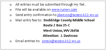 Text Box: o	All entries must be submitted through Hy-Tek.
o	File will be available on www.runwv.com
o	Send entry confirmation to jdavisso@access.k12.wv.us 
o	Mail entry fee to:  Doddridge County Middle School
                   Route 2 Box 35-C
                   West Union, WV 26456
	    Attention:  J. Davisson
o	Email entries to:  ccress@access.k12.wv.us 

